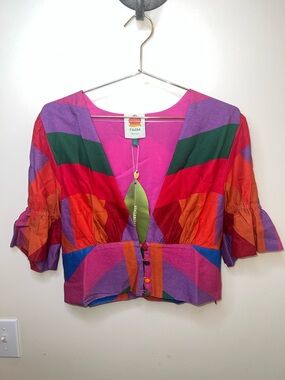 Farm Rio Amanda Stripes Cropped Blouse NWT Large Beaded Button Colorblock